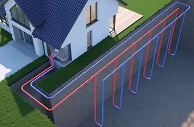 An illustration of a geothermal system is seen. Merit Mechanical performs Geothermal Repair.